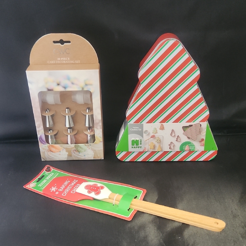 Bundle: Christmas Cookie Baking Set, Spatulas, Cookie Cutters, Piping Set, Tin